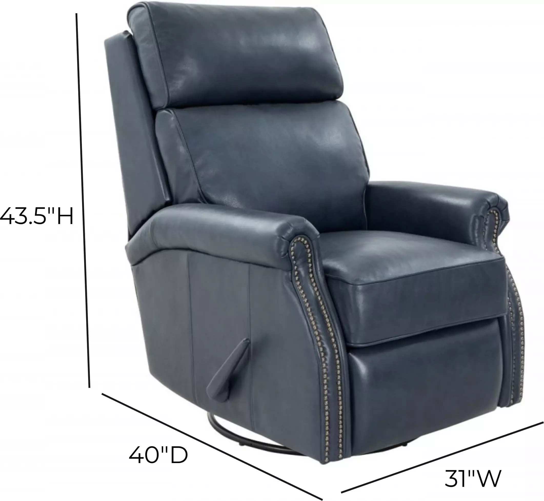 Crews Barone Navy Blue Leather Swivel Glider Recliner with Nailhead Trim