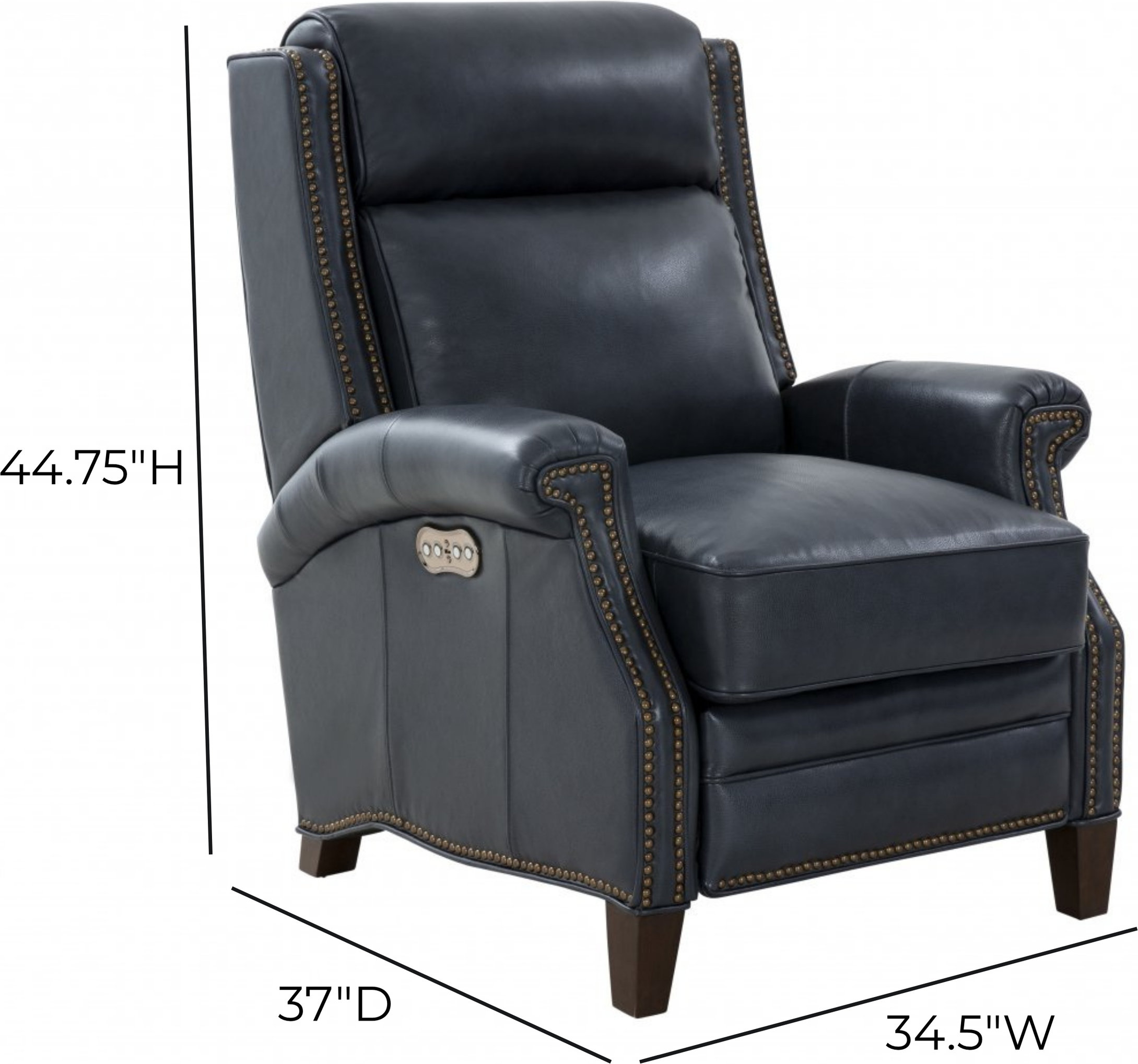 Barrett Barone Navy Blue Leather Lounge Power Recliner with USB Charging and Nailhead Trim