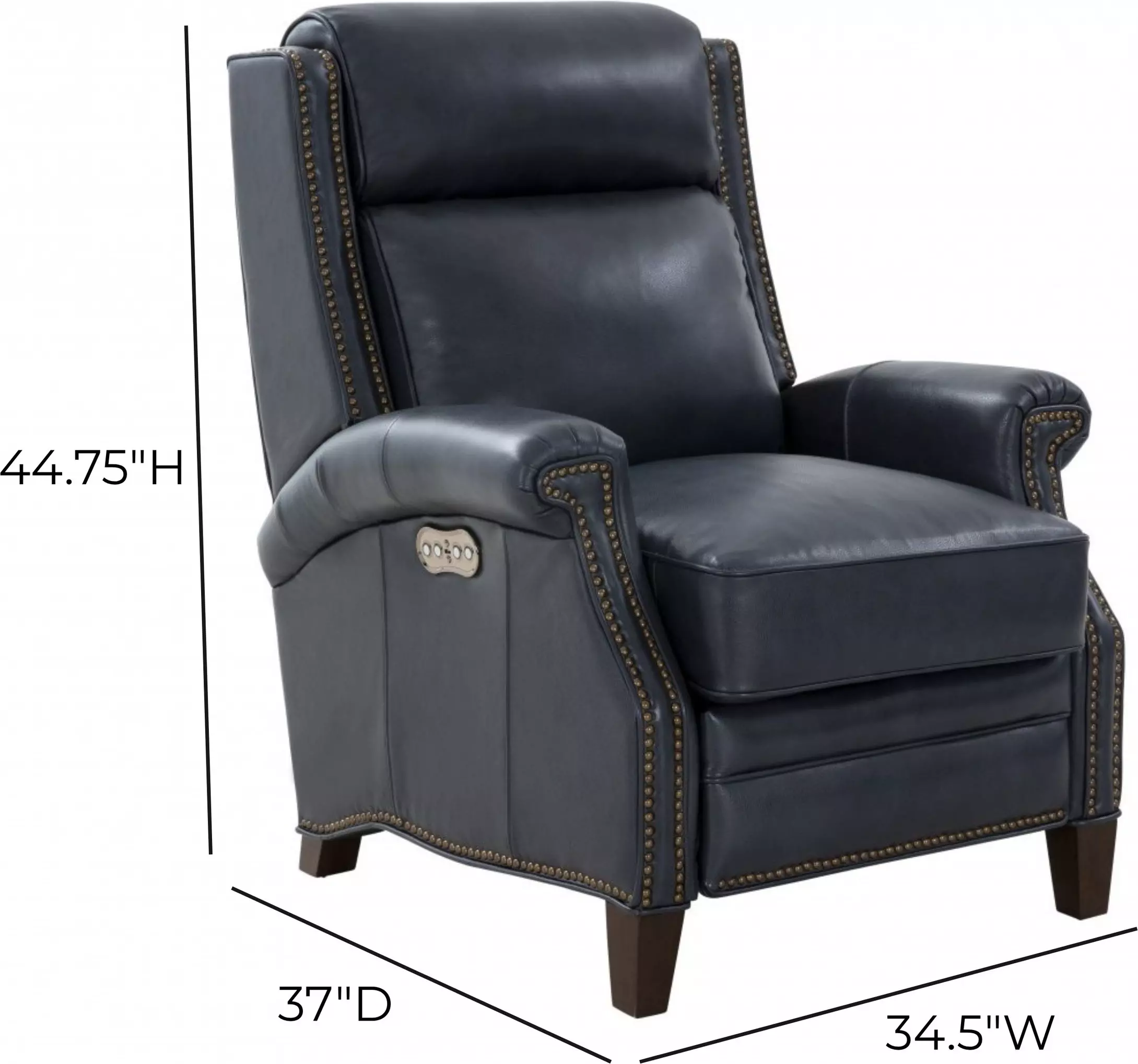 Barrett Barone Navy Blue Leather Lounge Power Recliner with USB Charging and Nailhead Trim