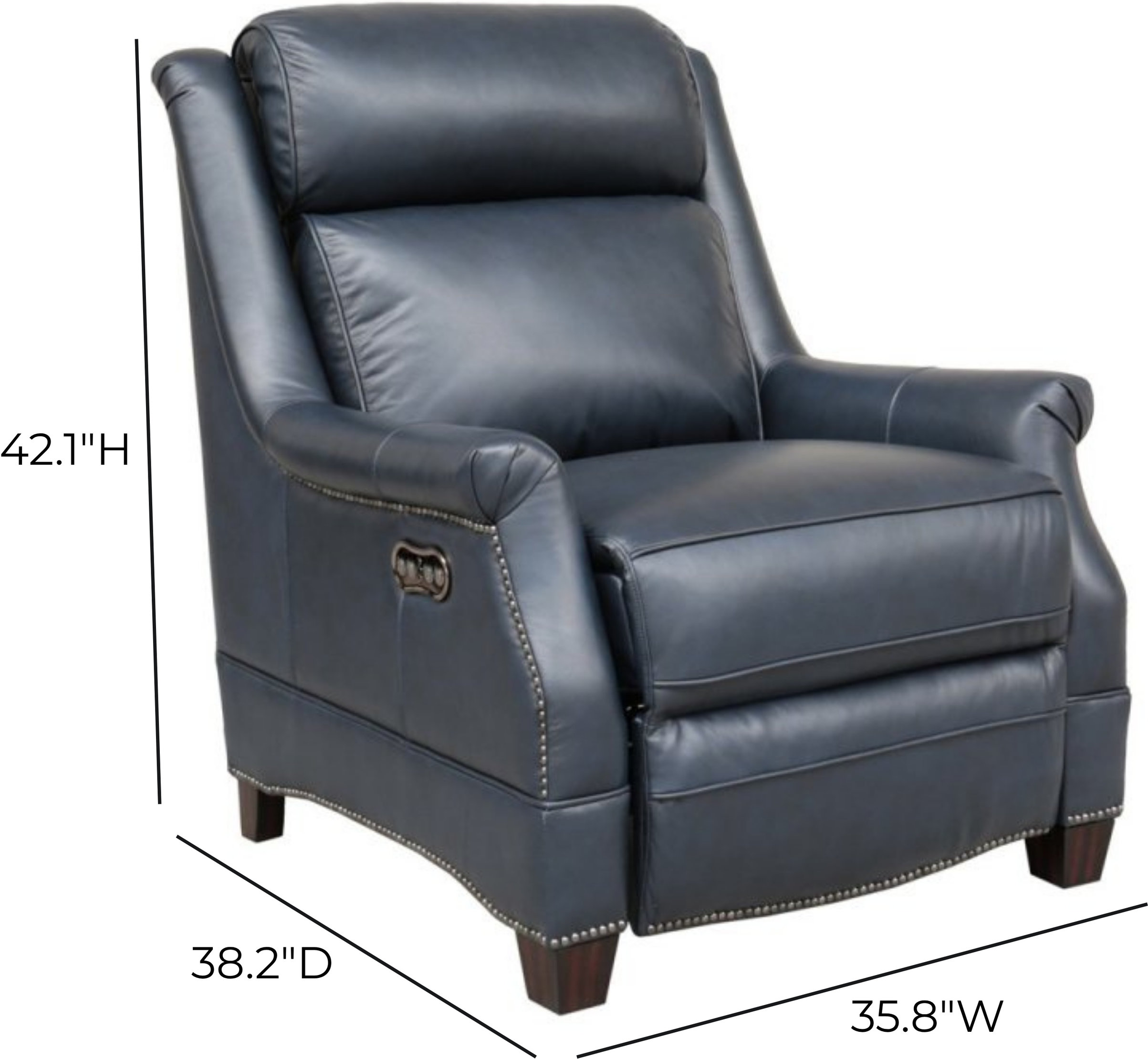 Warrendale Shoreham Blue Leather Power Recliner with Nailhead Trim and USB Charging