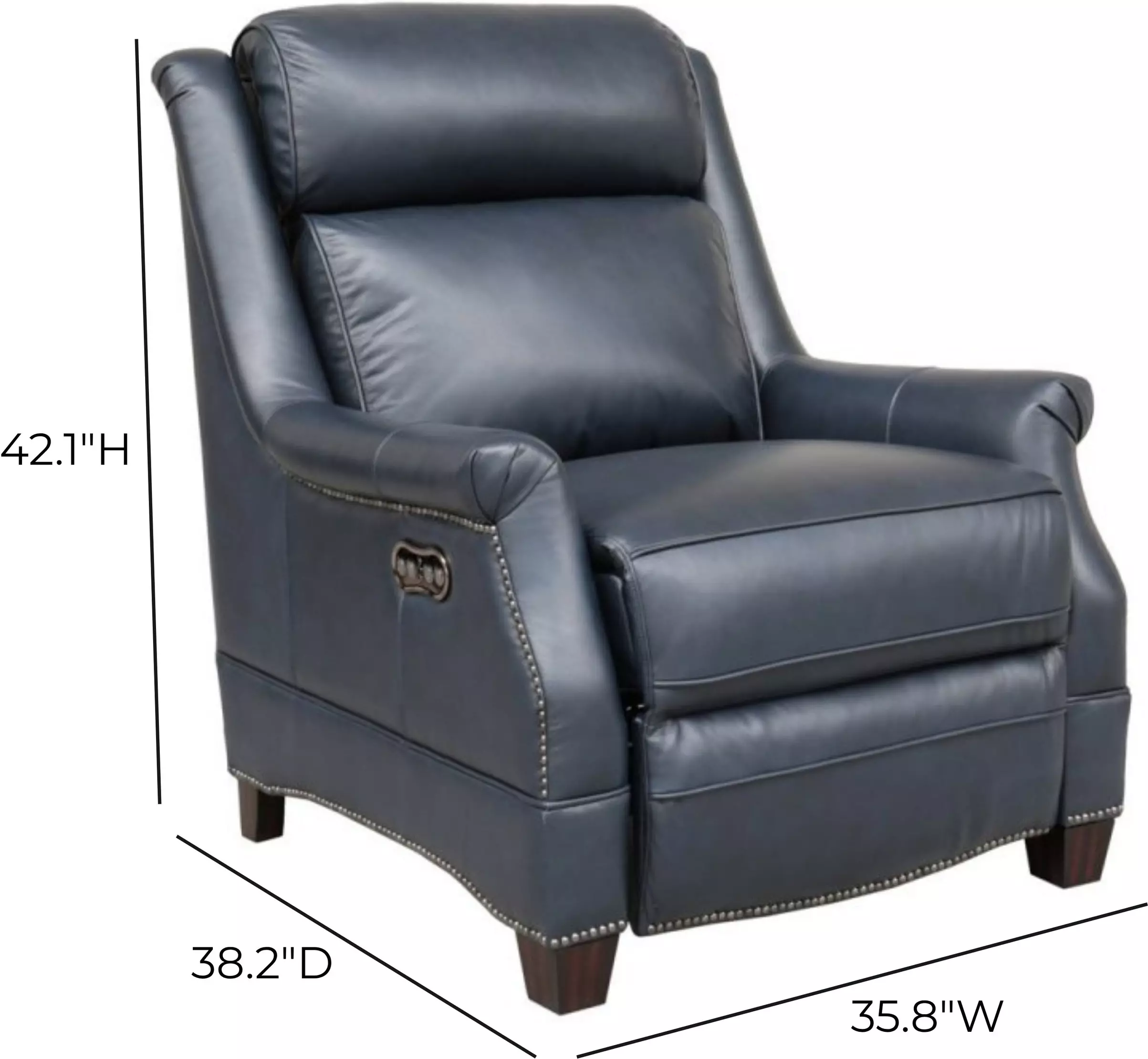 Warrendale Shoreham Blue Leather Power Recliner with Nailhead Trim and USB Charging