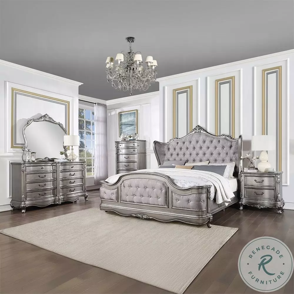 Ariadne Velvet and Antique Platinum Upholstered Bedroom Set from
