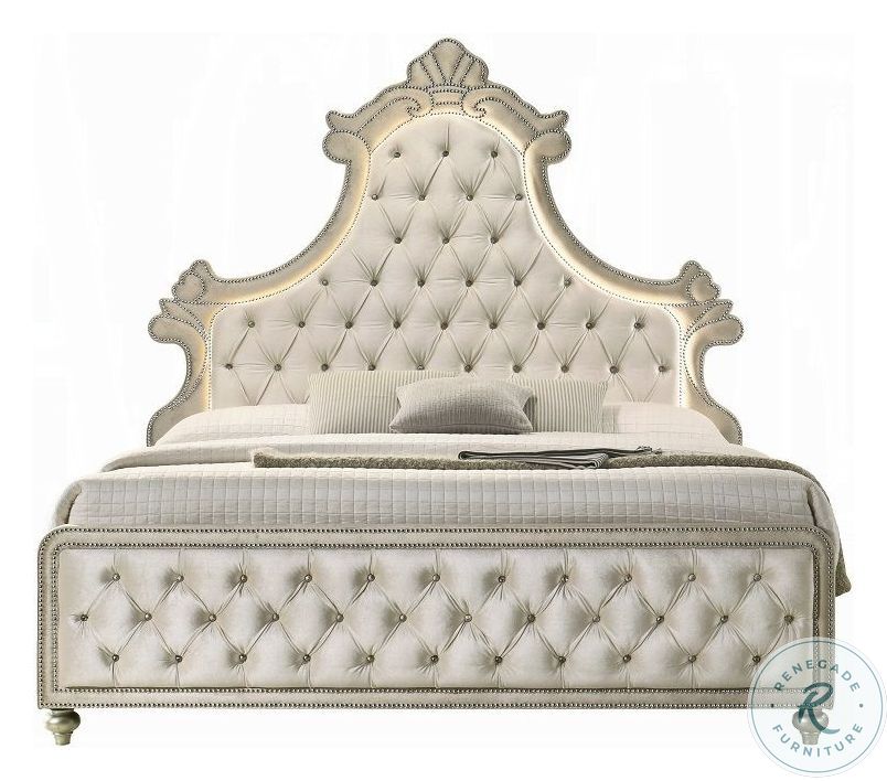 Lucienne Beige Velvet Queen Upholstered Bed with LED Lighting from