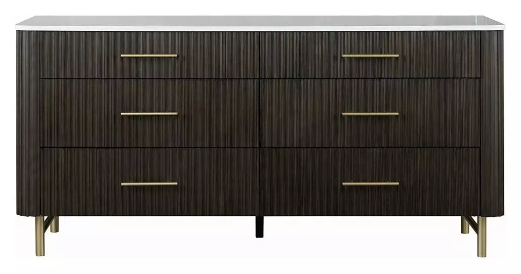 Clayten White and Espresso 6 Drawer Dresser with Marble Top from