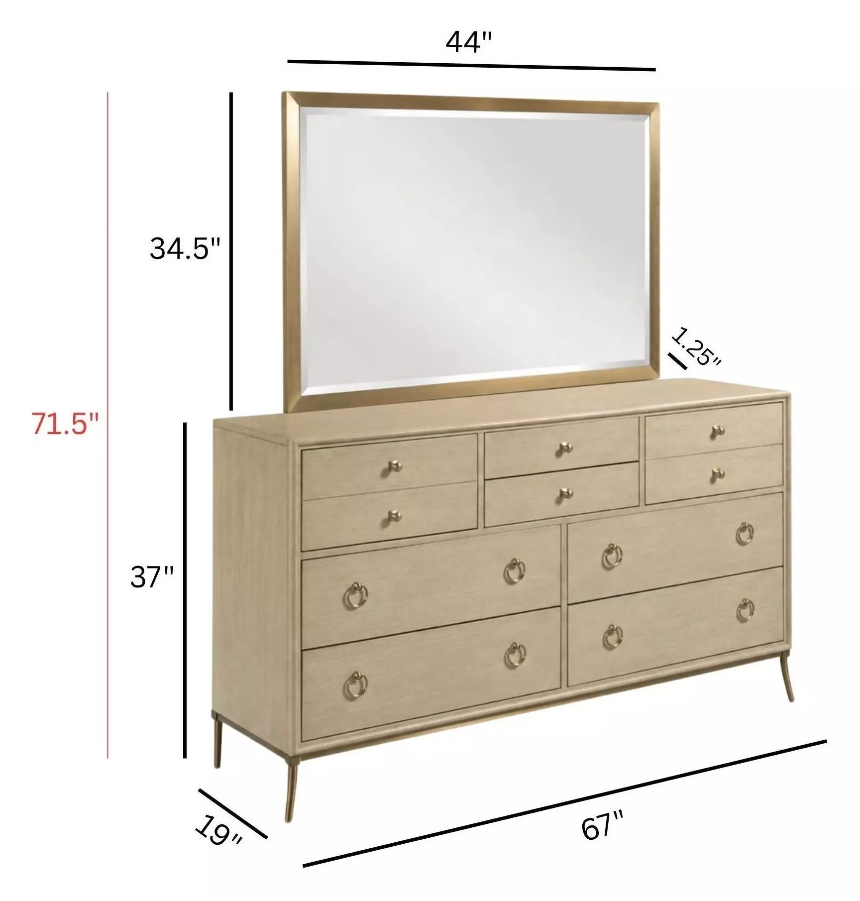 Lenox Alabaster and Gold 8 Drawer Straddella Dresser with Rectangular Anaheim Mirror