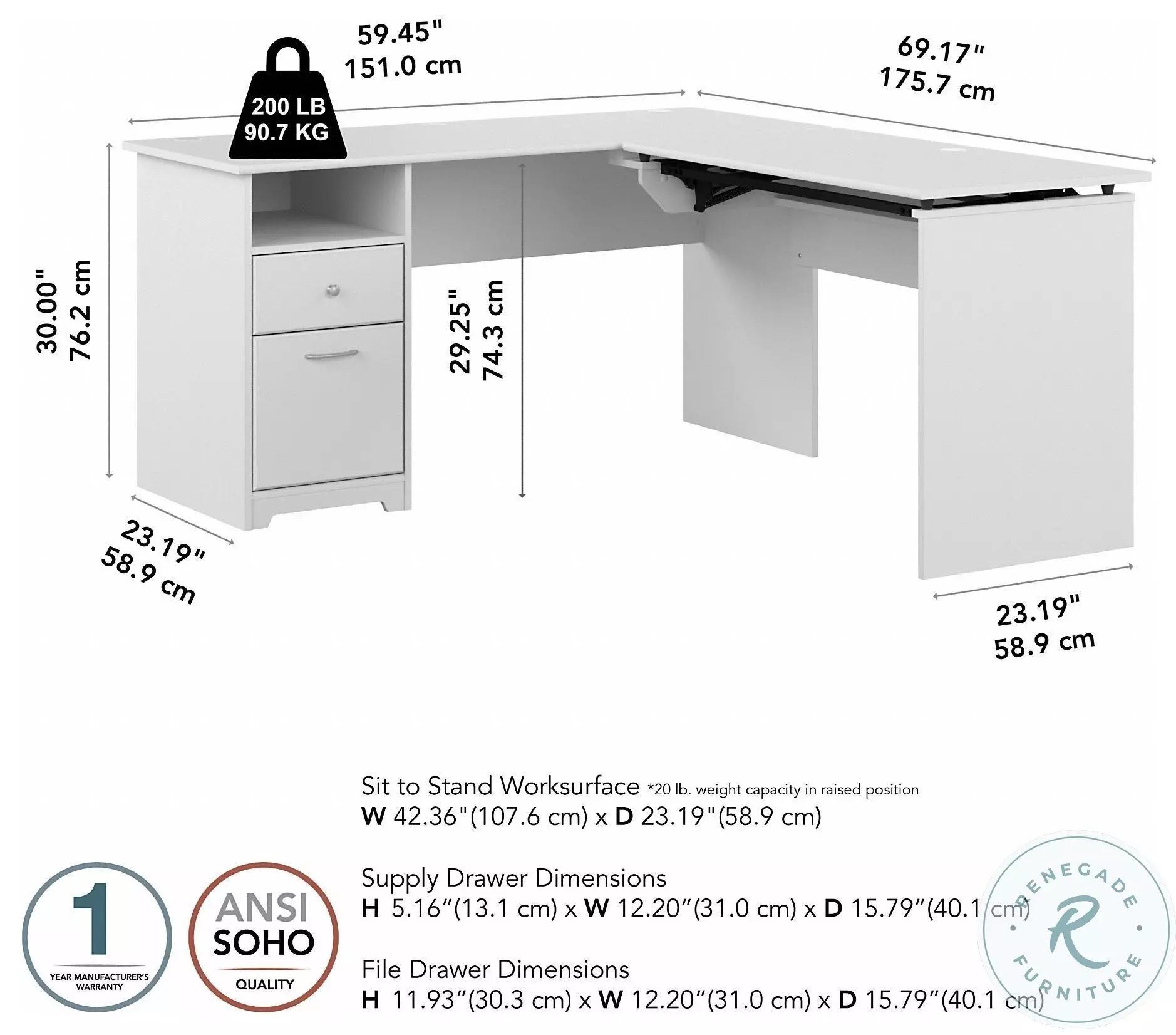 Cabot White 60" 3 Position Sit to Stand L Shaped Desk