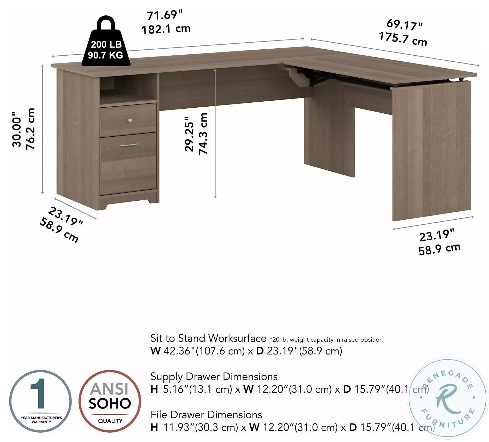 Cabot Ash Gray 72" 3 Position Sit to Stand L Shaped Desk
