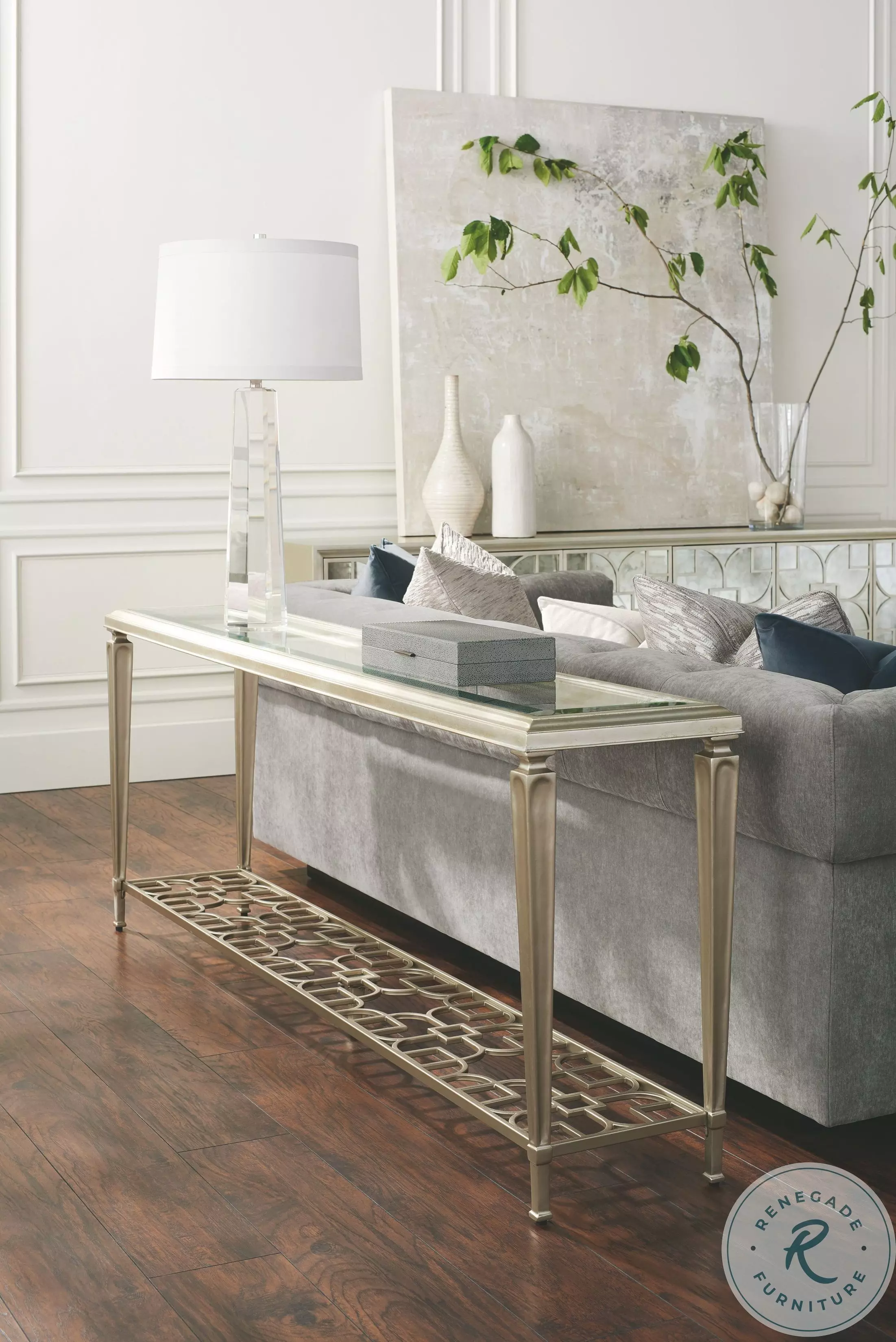 Highly Social Taupe Silver Leaf And Taupe Paint Console Table From