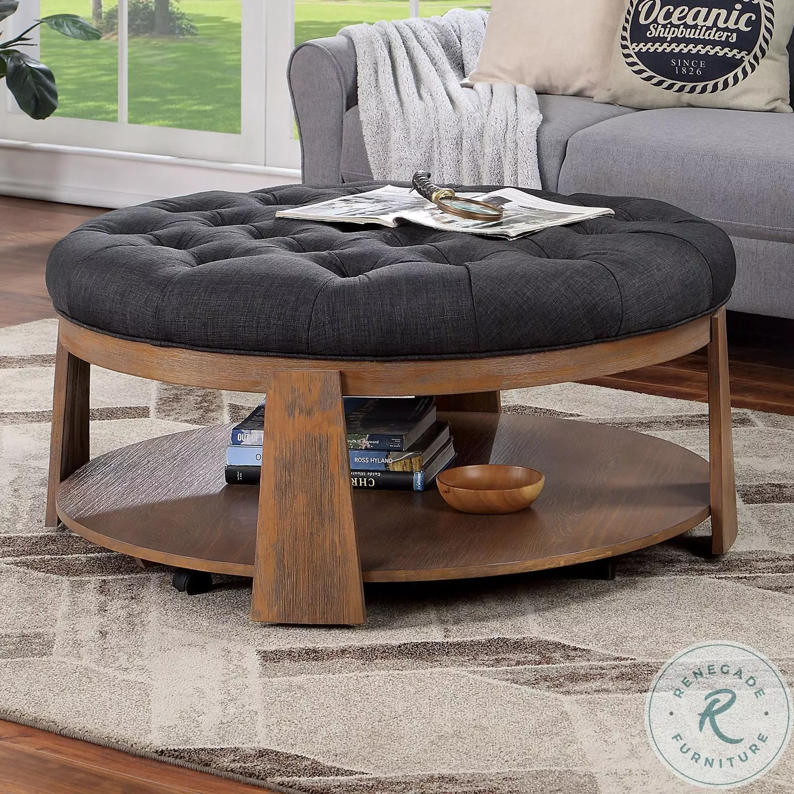 Guis Dark Gray Round Ottoman From Furniture of America | Coleman Furniture