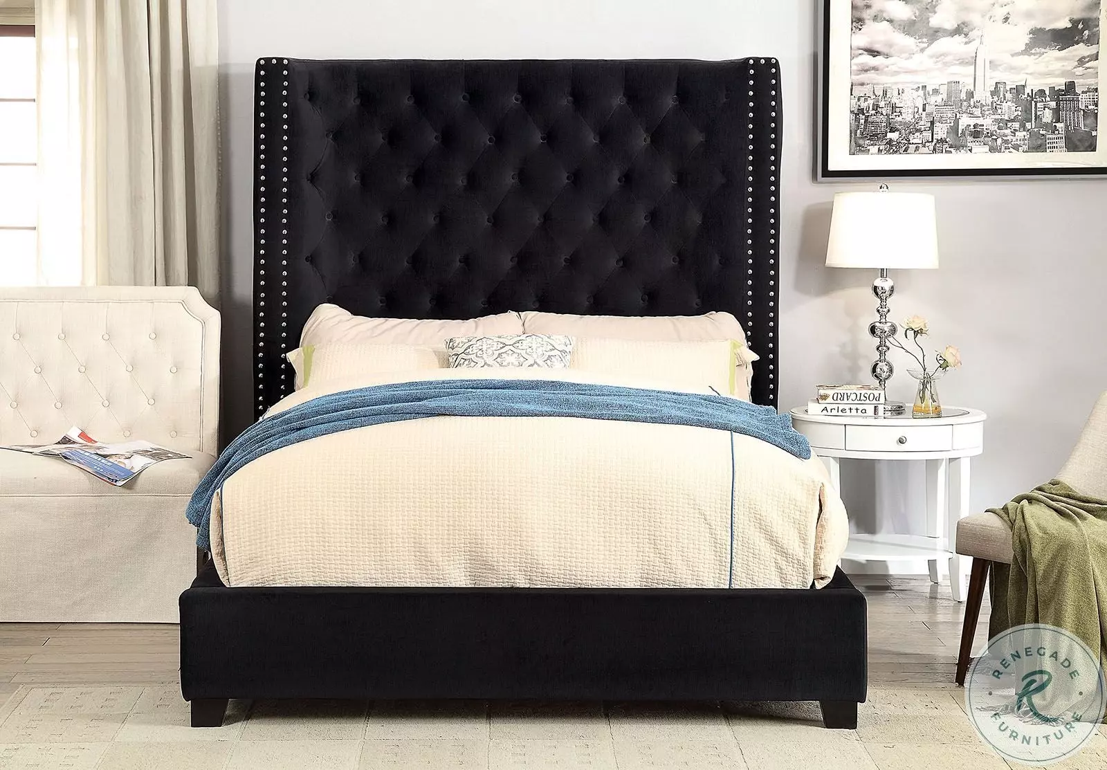 Rosabelle Black King Upholstered Panel Bed From Furniture of America ...