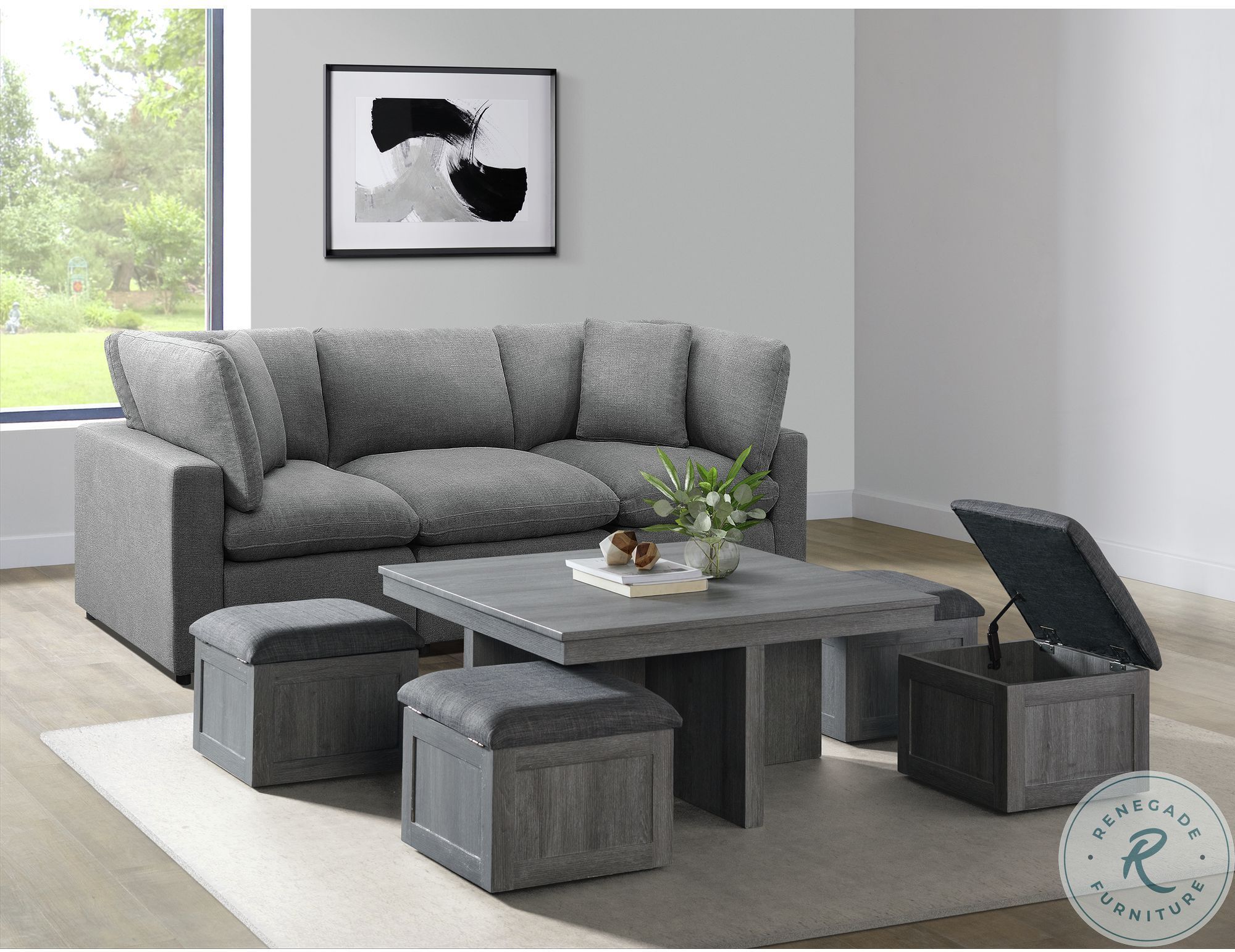 Dawson Light Grey Occasional Table Set with Four Storage Stools from Picket House Furnishings