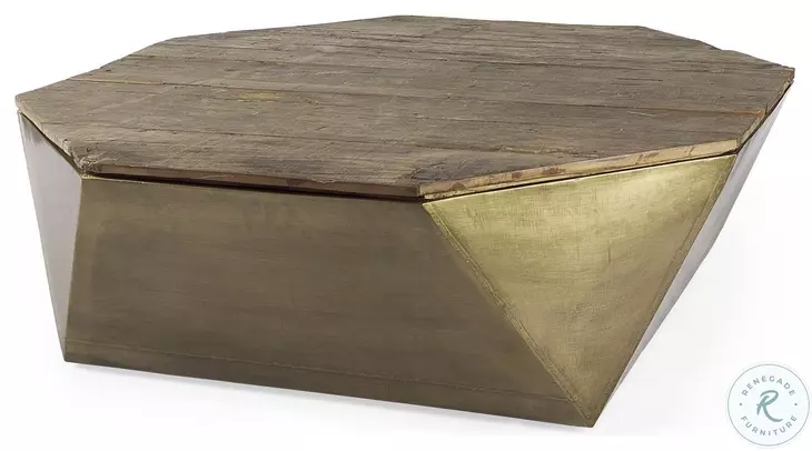 Esagono Clad Reclaimed Wood And Gold Metal Octagonal Coffee Table