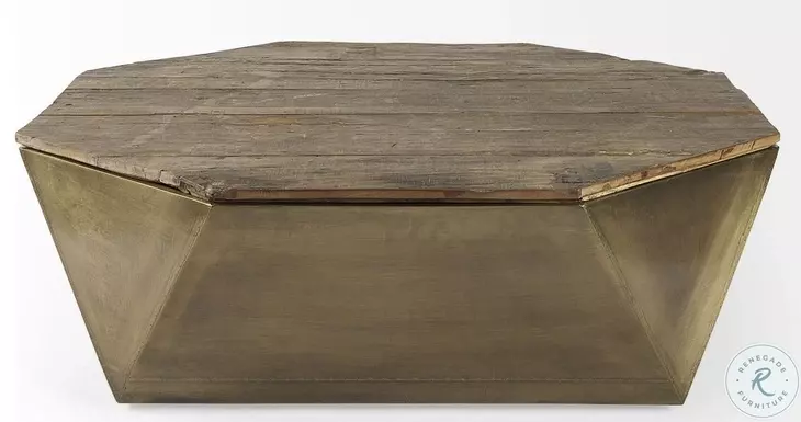 Esagono Clad Reclaimed Wood And Gold Metal Octagonal Coffee Table