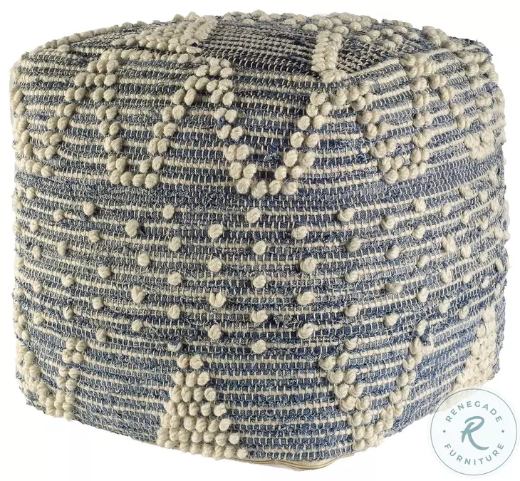 Rofi Blue Denim and Cream Cotton Stitched Square Pouf