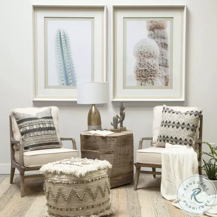 Caela Beige Wool Cotton and Felt Popcorn Stitch Square Pouf