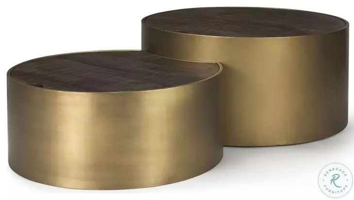 Eclipse Dark Brown Wood And Antique Brass Metal Drum Coffee Table