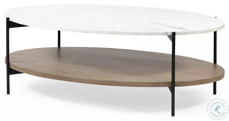 Larkin White Marble And Black Metal Oval Coffee Table with Brown Wood Shelf 