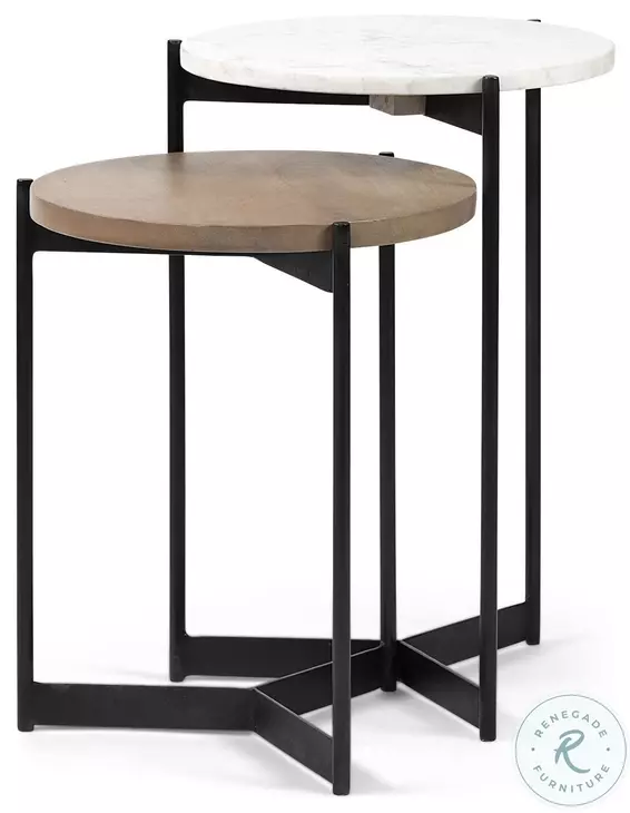 Larkin White Marble And Black Side Tables with Brown Wood Shelf 
