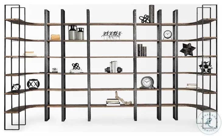 Turner Curved Dark Brown Wood And Black Iron 6 Shelving Unit