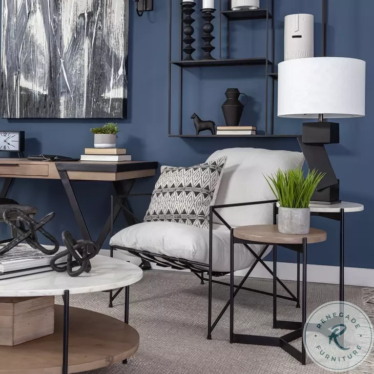 Larkin White Marble And Black Side Tables with Brown Wood Shelf 