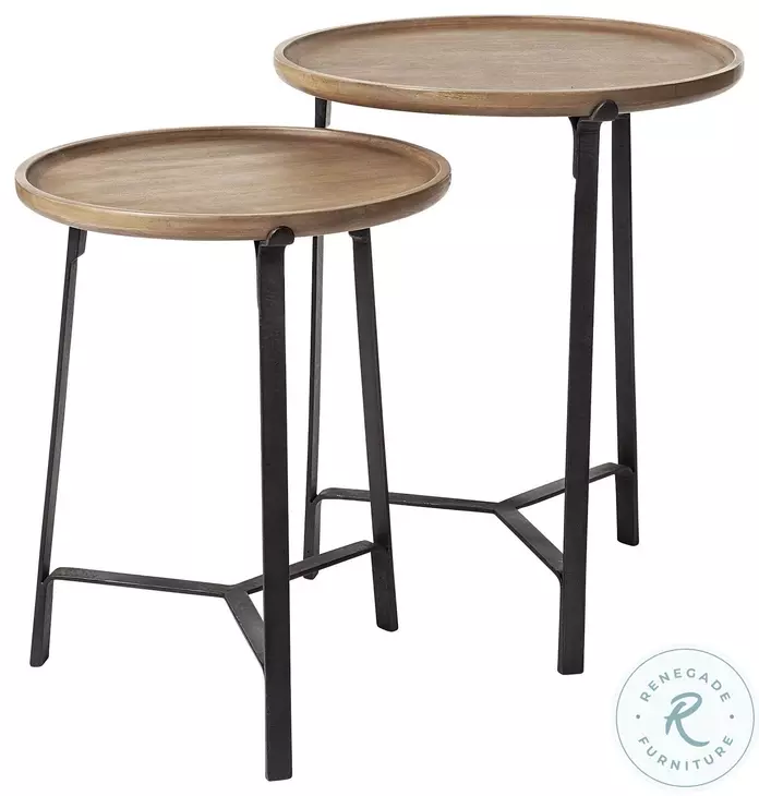 Helios Brown Solid Wood And Black Metal Nesting Side Table Set Of 2