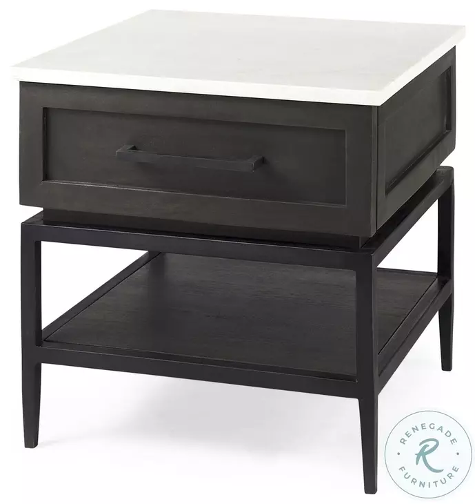 Divina White Marble And Black Metal 1 Drawer Side Table