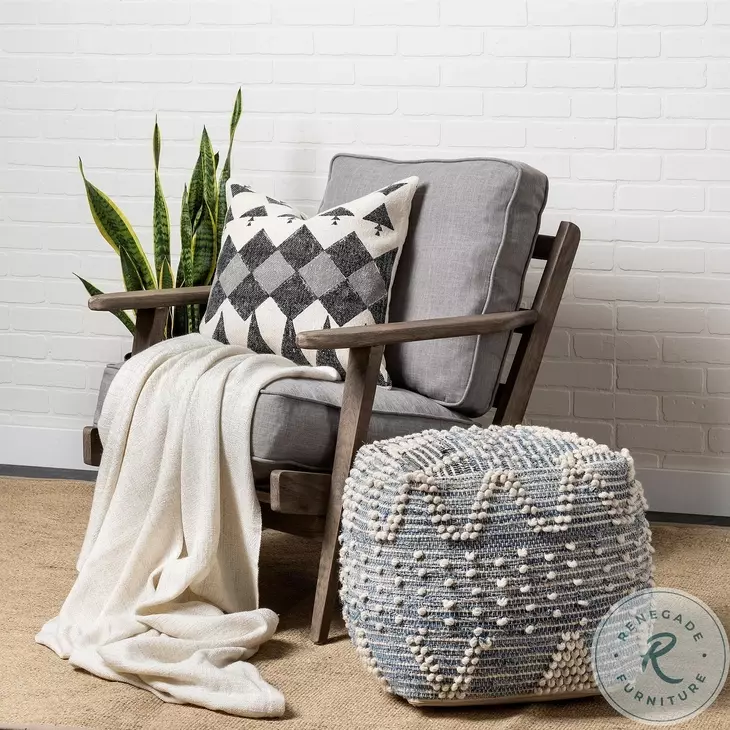 Rofi Blue Denim and Cream Cotton Stitched Square Pouf