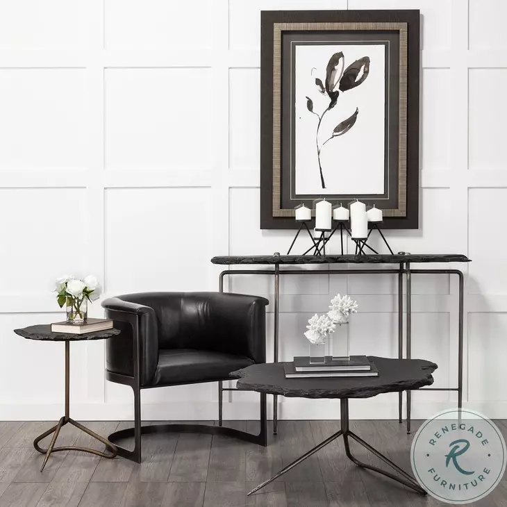 Pinera Irregular Black Slate And Silver Iron Coffee Table