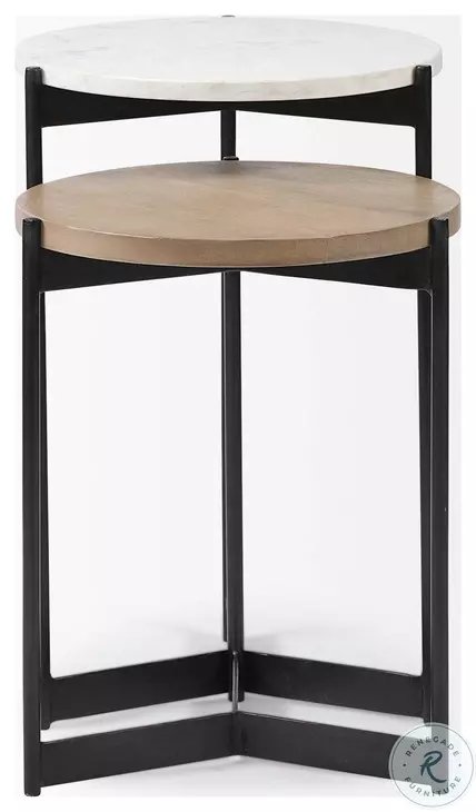 Larkin White Marble And Black Metal Oval Occasional Table Set with Brown Wood Shelf