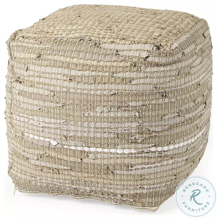 Aalia Beige Leather And Jute Pouf