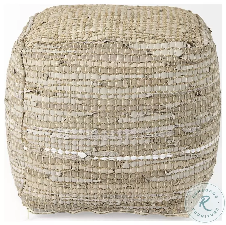 Aalia Beige Leather And Jute Pouf