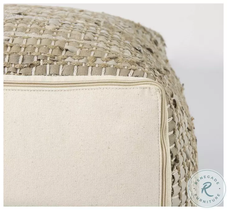 Aalia Beige Leather And Jute Pouf