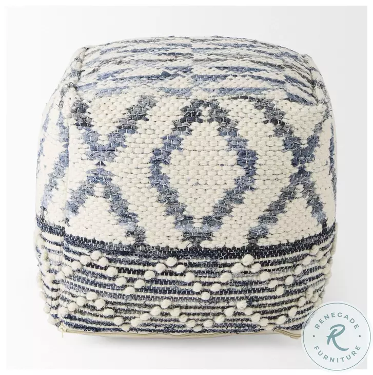 Eshana Cream Wool and Denim Patterned Pouf
