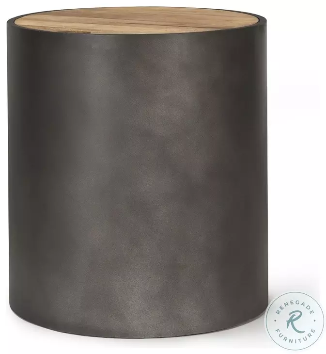 Eclipse Brown Wood And Gunmetal Gray Metal Drum Side Table