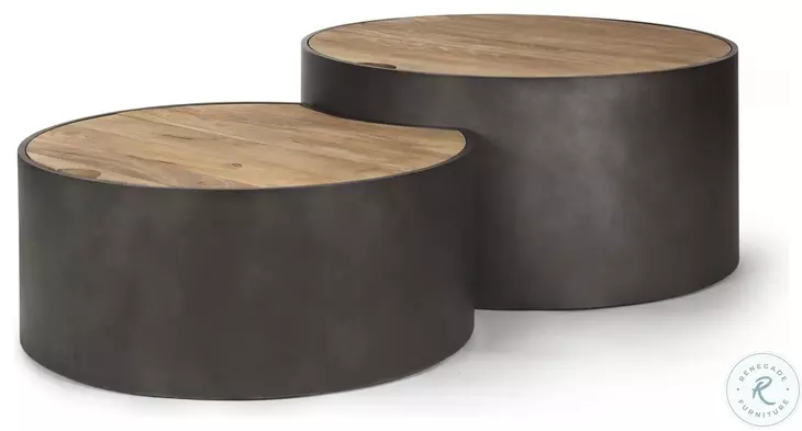 Eclipse Brown Wood And Gunmetal Gray Metal Drum Occasional Table Set