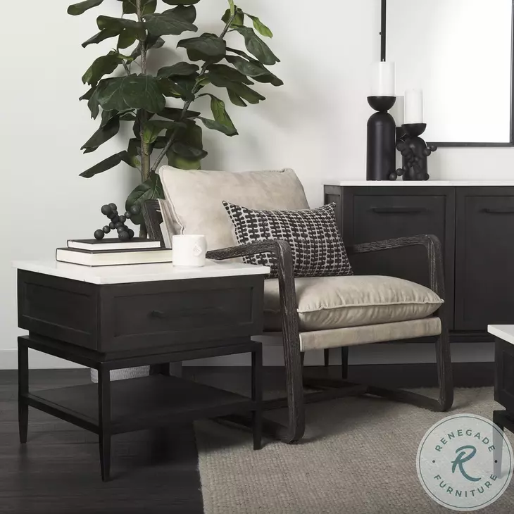 Divina White Marble And Black Metal 1 Drawer Side Table