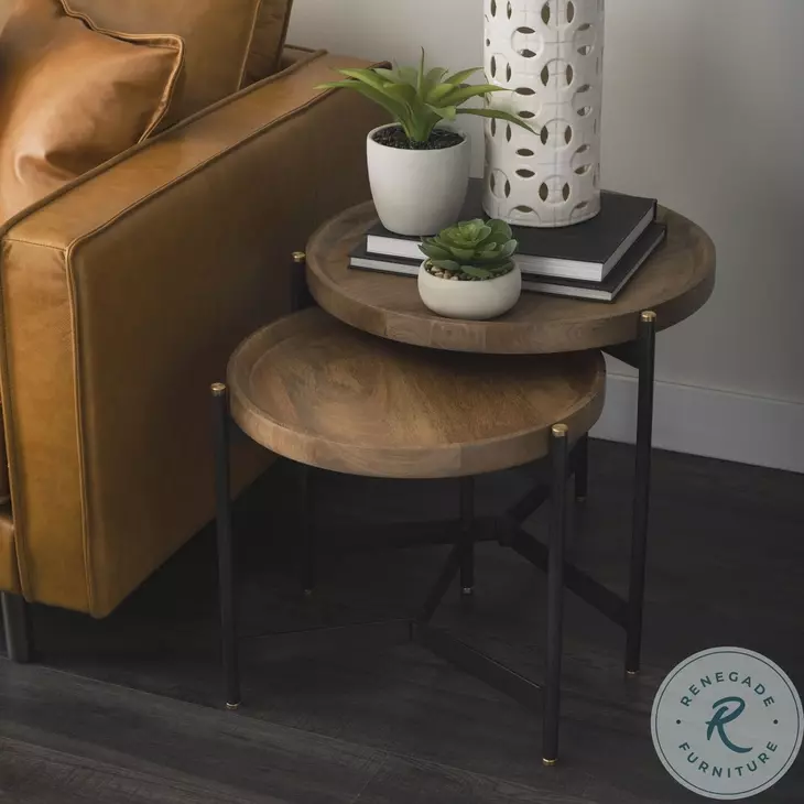 Marquisa Light Brown Wood And Black Metal Side Table Set Of 2