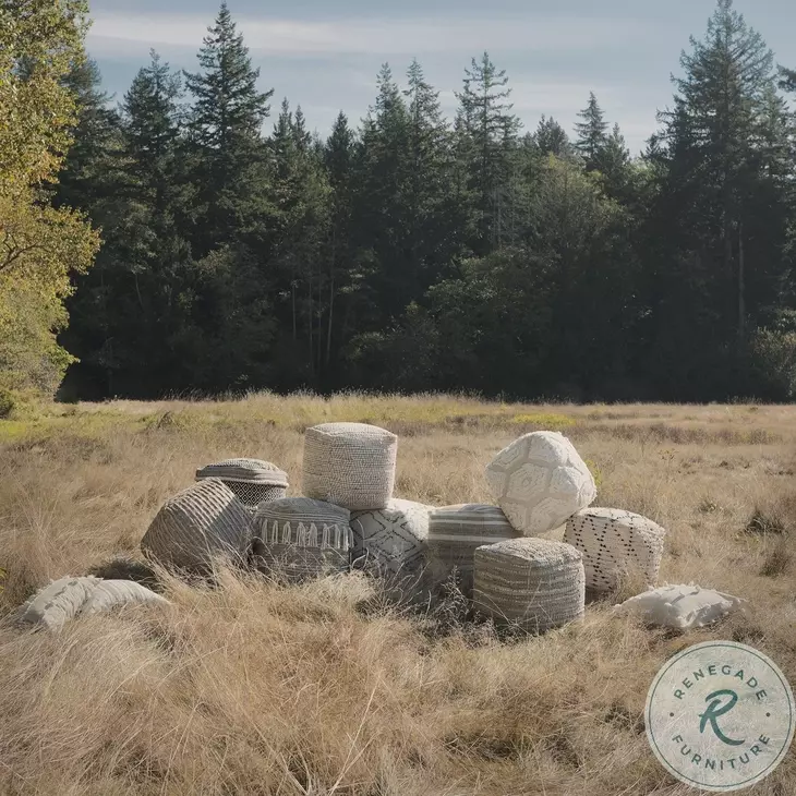 Aahana White Striped Hemp And Cotton Pouf