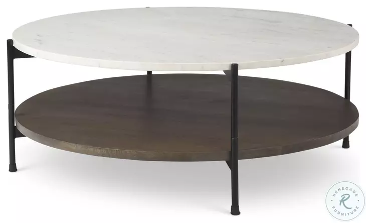 Larkin White Marble And Black Metal Round Coffee Table with Dark Brown Wood Shelf 