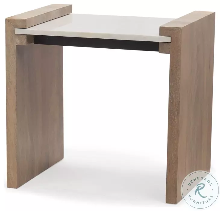Athens White Marble And Light Brown Wood Accent Table