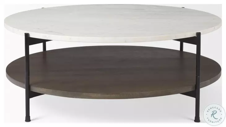 Larkin White Marble And Black Metal Round Coffee Table with Dark Brown Wood Shelf 