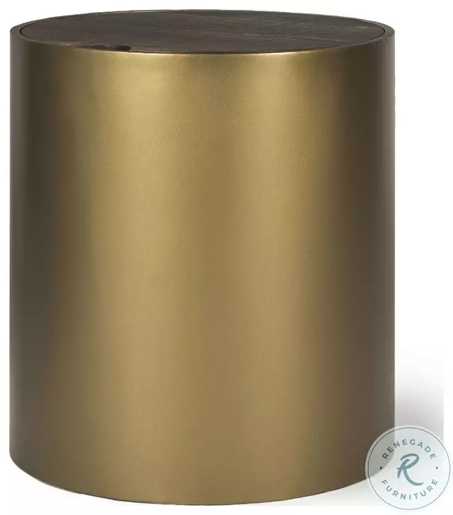 Eclipse Dark Brown Wood And Antique Brass Metal Drum Side Table