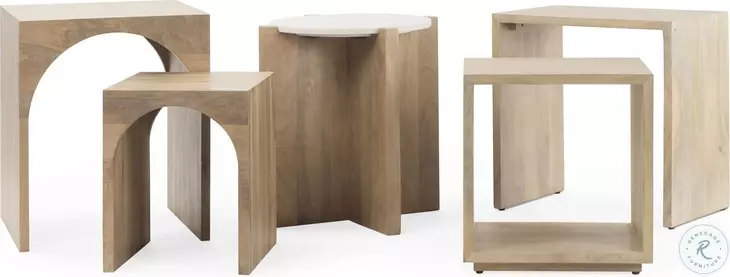 Bianca White Marble And Light Brown Wood Accent Table