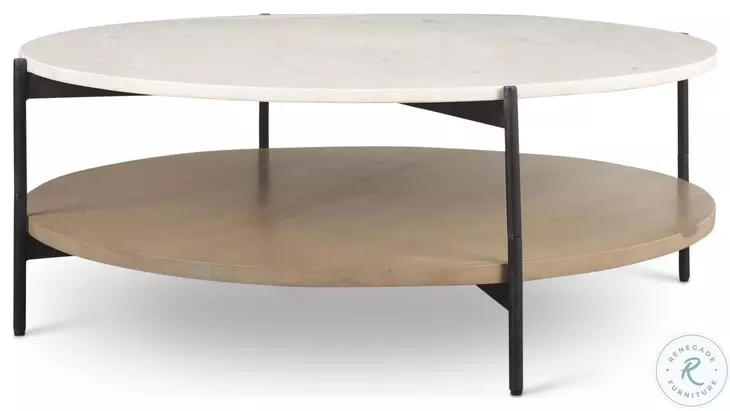 Larkin White Marble And Black Metal Round Occasional Table Set with Brown Wood Shelf