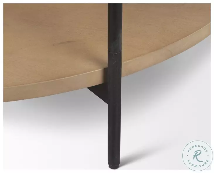 Larkin White Marble And Black Metal Round Coffee Table with Brown Wood Shelf