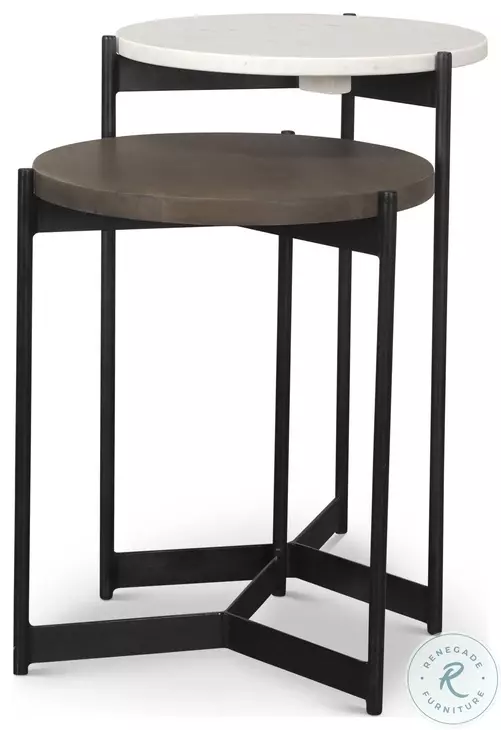 Larkin White Marble And Black Metal Side Tables with Dark Brown Wood Shelf