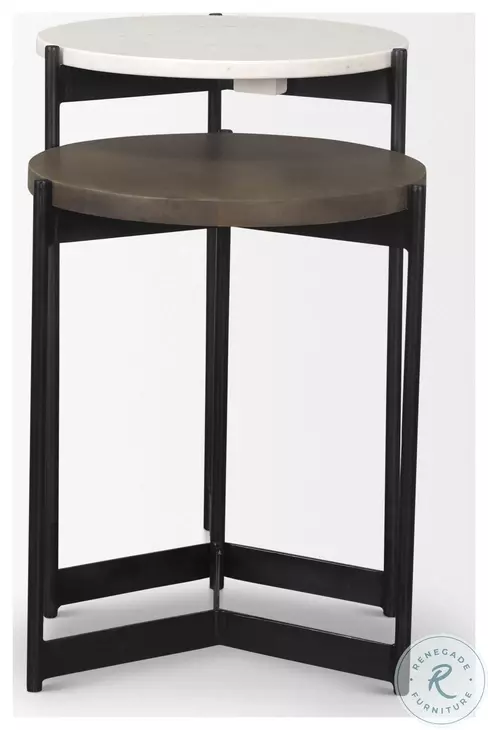 Larkin White Marble And Black Metal Side Tables with Dark Brown Wood Shelf