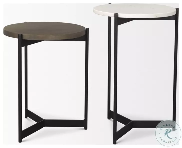 Larkin White Marble And Black Metal Round Occasional Table Set with Brown Wood Shelf