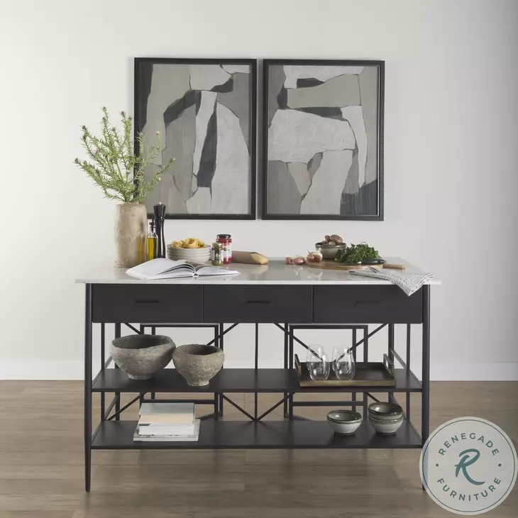 Amika White Marble Top Black Metal Kitchen Island