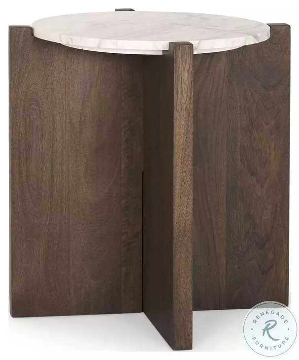 Bianca White Marble And Dark Brown Wood Accent Table